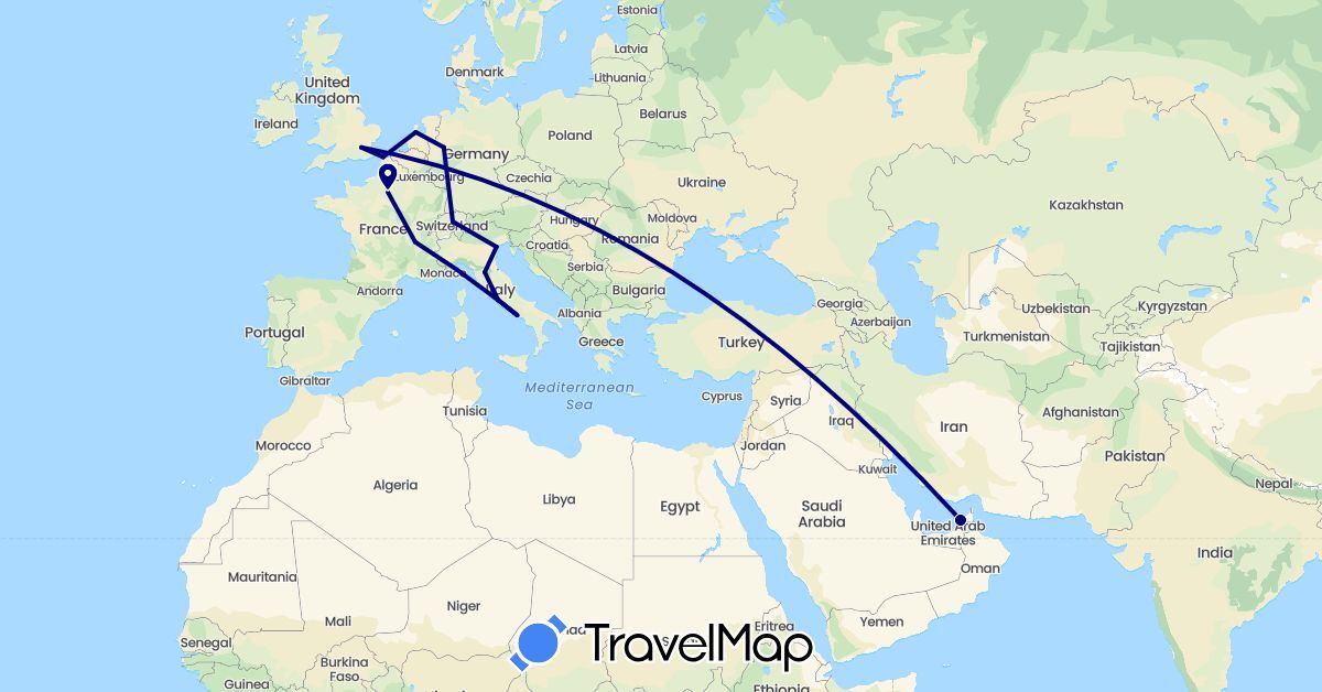 TravelMap itinerary: driving in United Arab Emirates, Switzerland, Germany, France, United Kingdom, Italy, Netherlands (Asia, Europe)